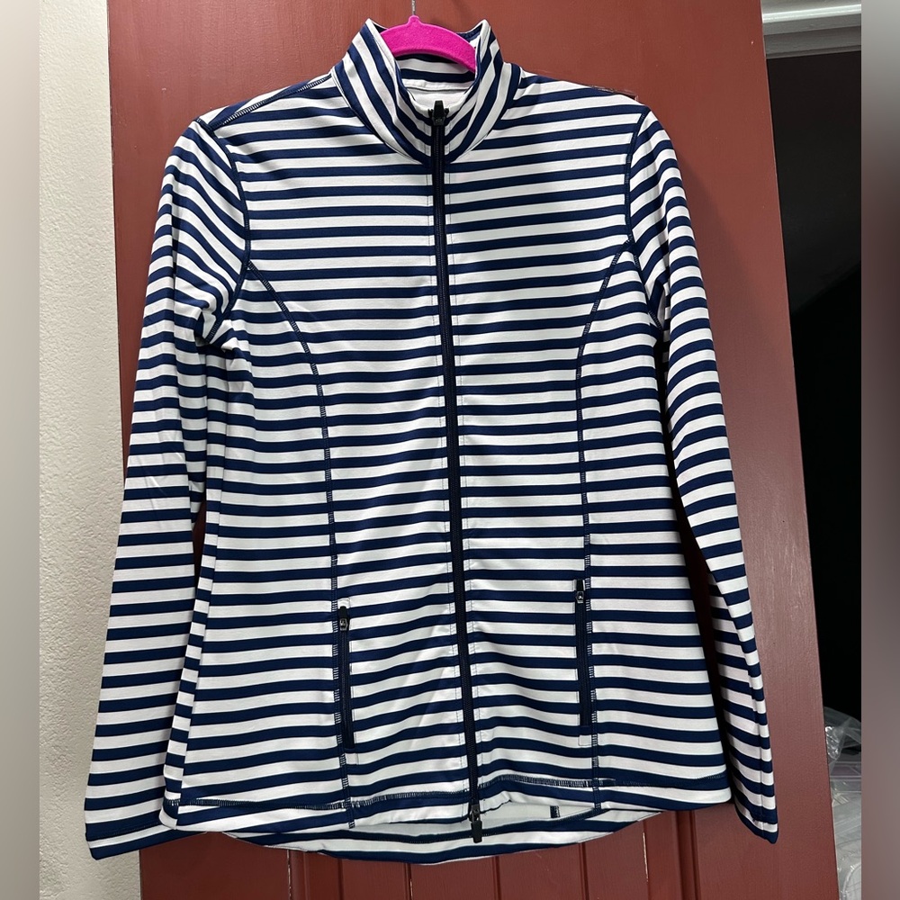 J. McLaughlin Navy and White Striped  exercise Jacket perfect for any day. New!!